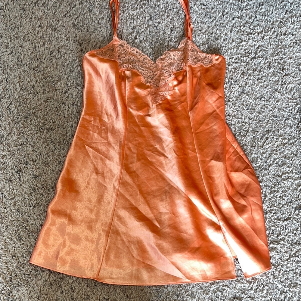 Victoria Secret Orange Slip Dress with Lace Detail- Satin